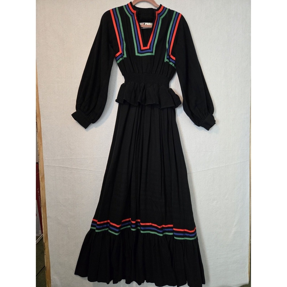 JT Dress Jody Of California Dress Sz S Black Boho Maxi Stripes Smocked Waist